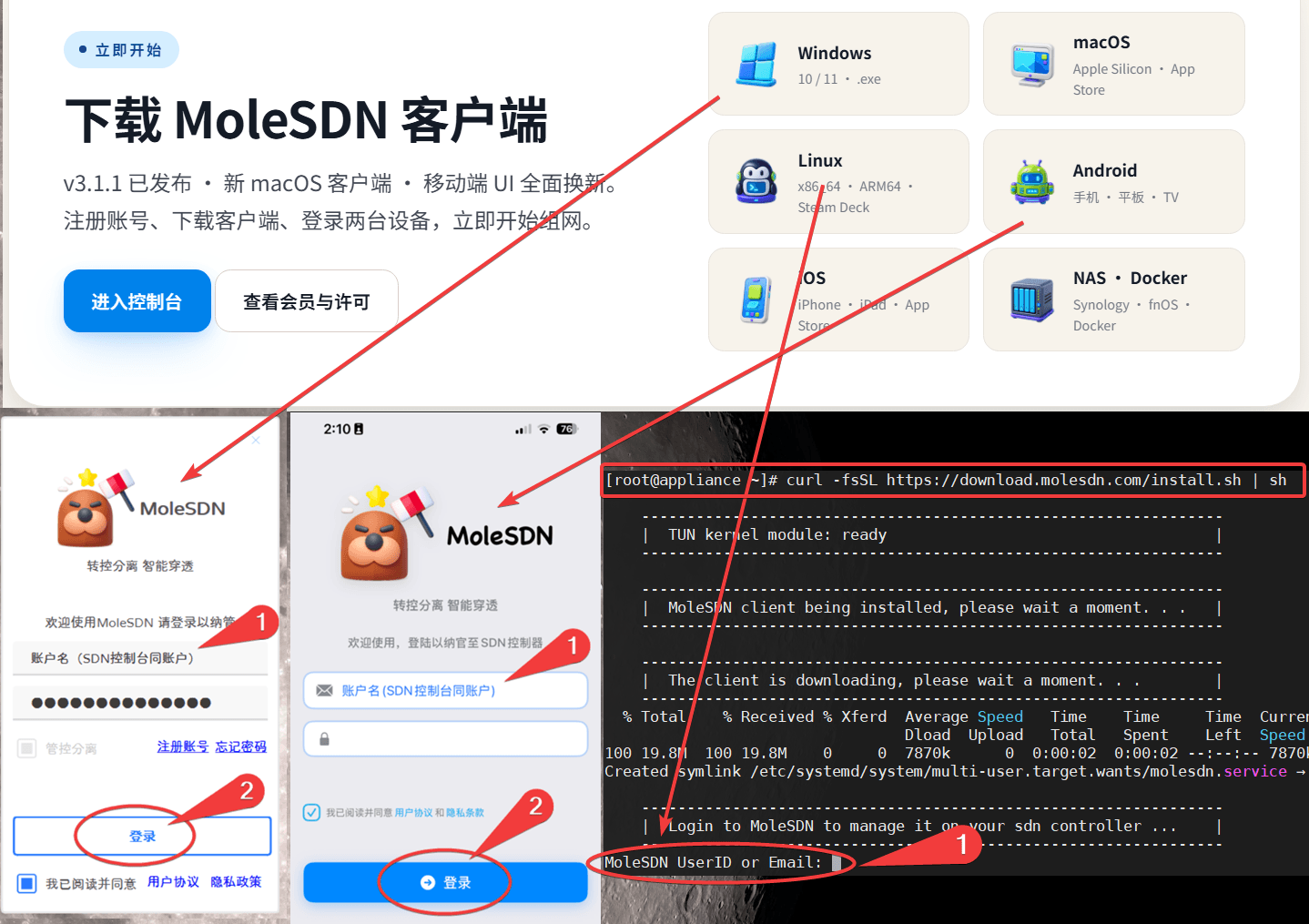 下载 MoleSDN 客户端并登录账号,Windows 与 Linux 一键安装
