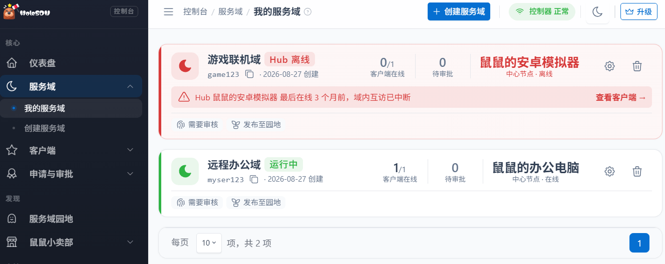 我的服务域列表,可以看到每个服务域的 ID、在线客户端数与中心节点