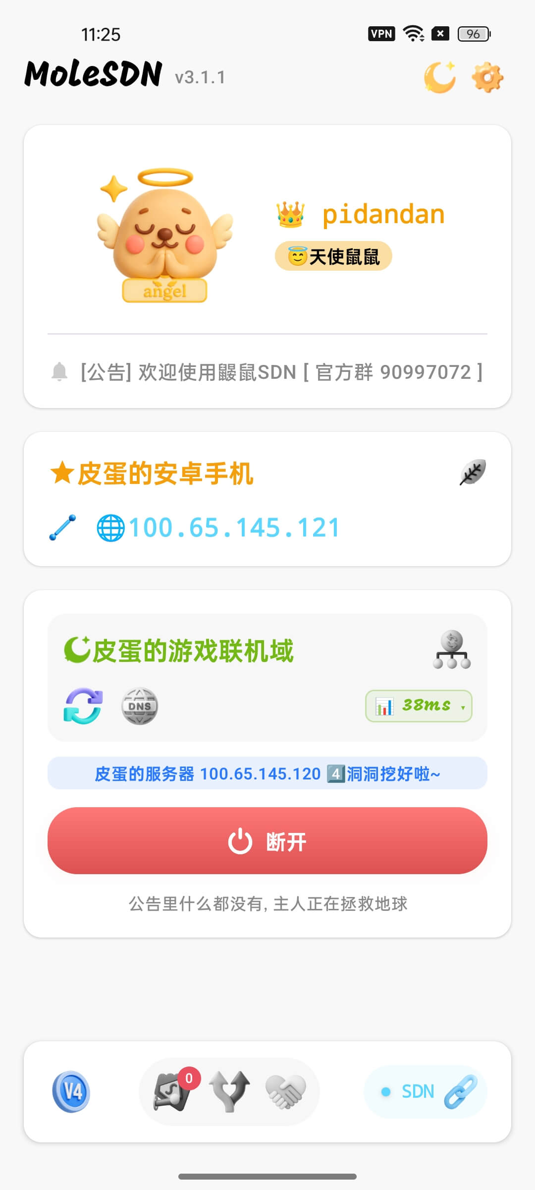安卓客户端已接入服务域,显示本机虚拟 IP 与对端服务器 IP
