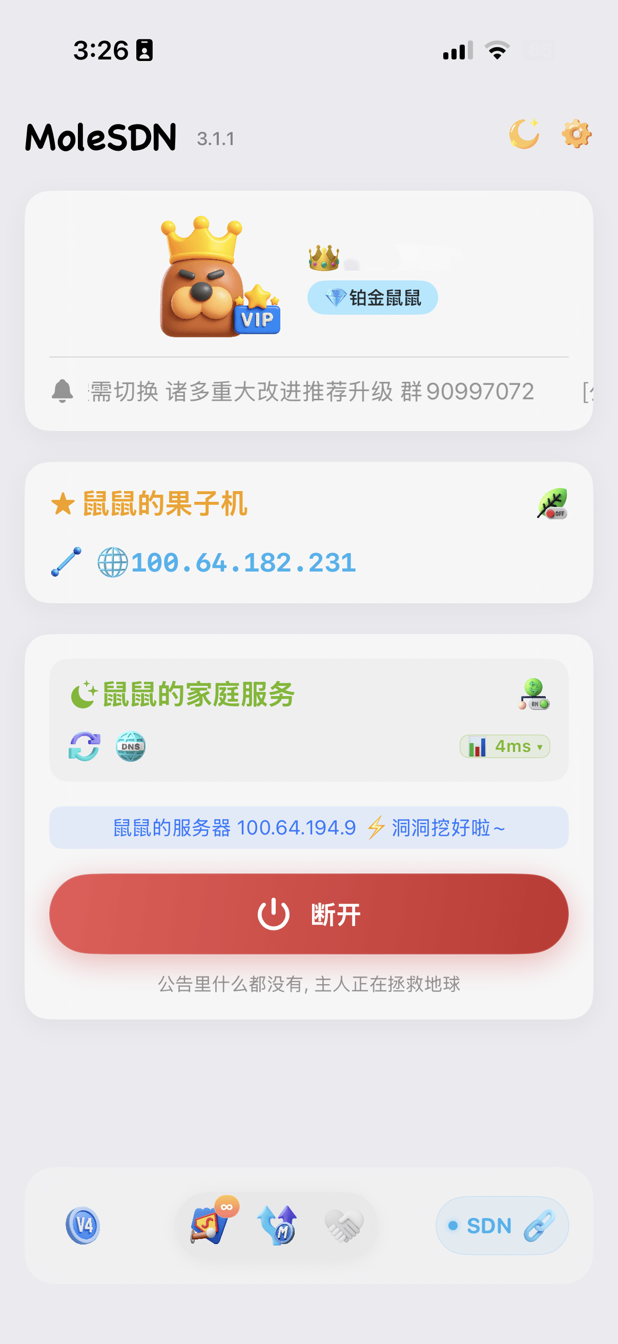 iOS 客户端已接入服务域，显示虚拟 IP 与延迟