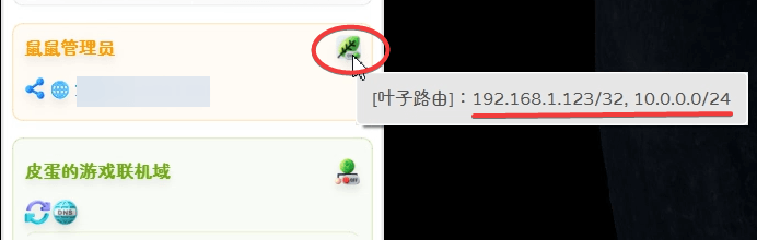 客户端上的叶子图标,悬停后显示已挂载的叶子路由 192.168.1.123/32、10.0.0.0/24