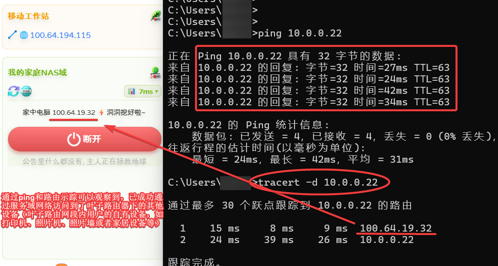 ping 叶子网段里的 10.0.0.22 全通,路由示踪显示第一跳是服务域 IP 100.64.19.32