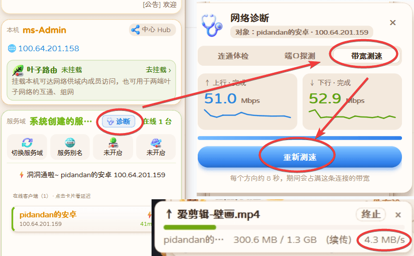 带宽测速显示上行 51.0 Mbps、下行 52.9 Mbps,实际传输速度 4.3 MB/s