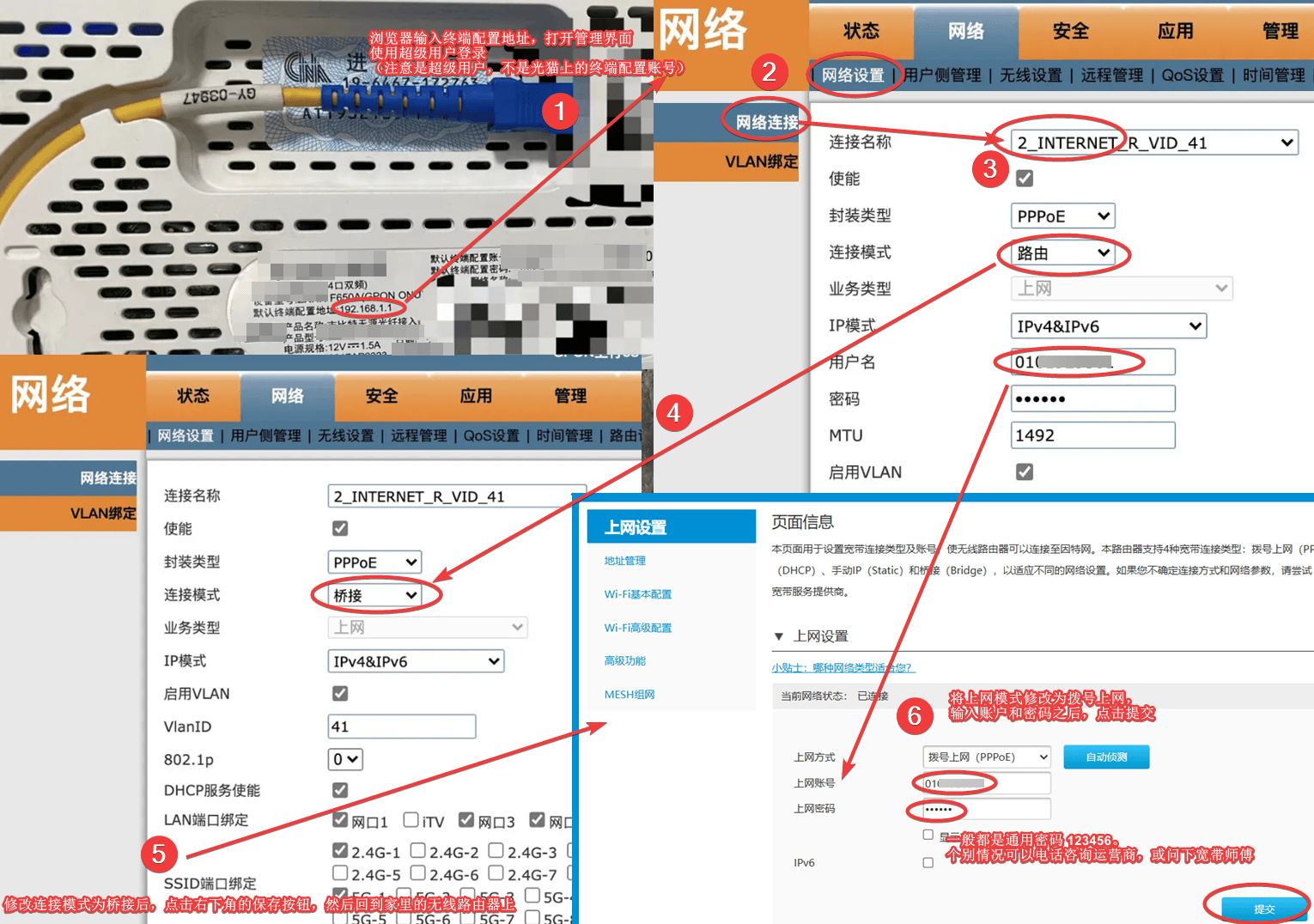 光猫改桥接与路由器拨号的完整六步:登录光猫、找到网络连接、把连接模式由路由改成桥接、保存后回到路由器改成拨号上网并填入宽带账号密码